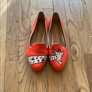 Suede Coral Giraffe Embroidered Flats